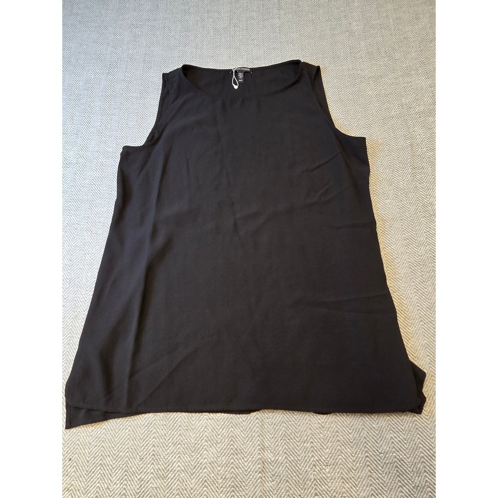 Eileen Fisher Silk Tank Top Womens Medium Black Crepe Sleeveless Round Neck Slit